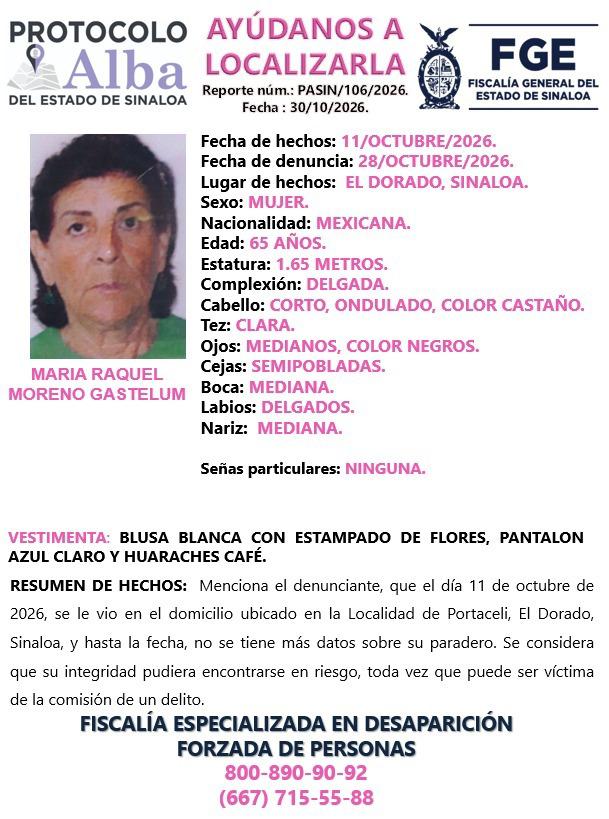 $!Buscan a María Raquel, de 65 años, desaparecida desde hace 17 días en Eldorado