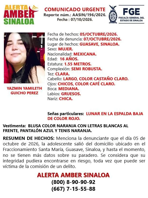 $!Activan Alerta Amber por Yazmin Yamileth, adolescente desaparecida en Guasave