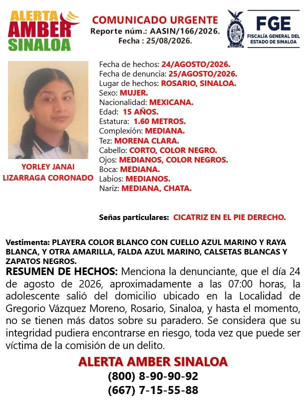 $!Buscan a Yorley Janai, de 15 años; desapareció en el municipio de Rosario, Sinaloa