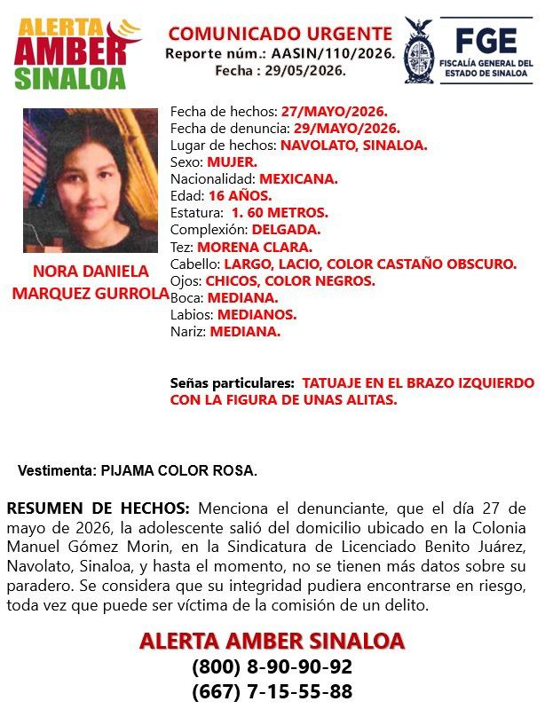 $!Piden ayuda para localizar a Nora Daniela, menor desaparecida en Navolato