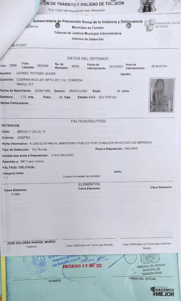 $!Javier Laynez, ministro de SCJN, detenido por conducir en estado de ebriedad en Coahuila