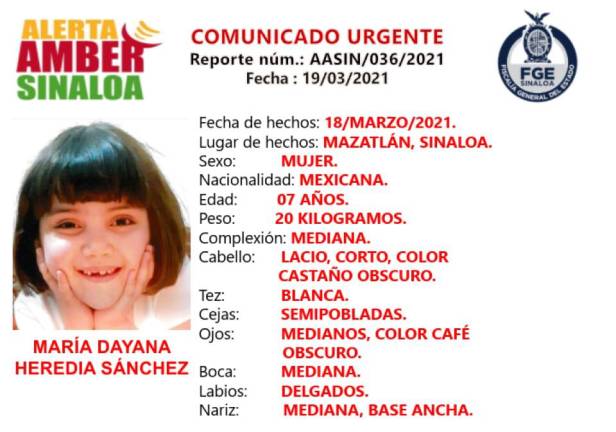 Emiten Alerta Ámber para localizar a María Dayana, desaparecida en Mazatlán