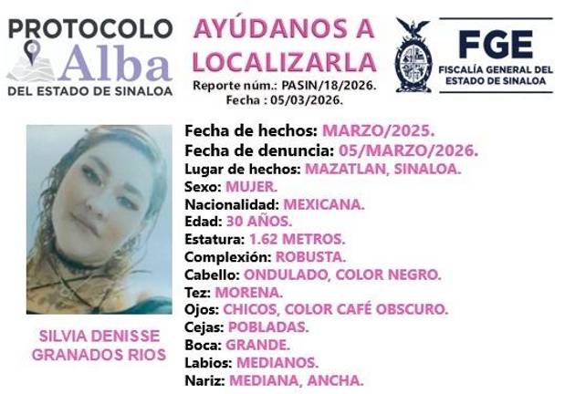 Con una ficha de búsqueda bajo el Protocolo Alba, autoridades solicitan apoyo ciudadano en la localización de Silvia Denisse Granados Ríos.