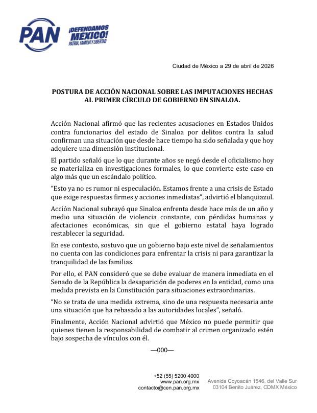 $!Conforman acusaciones de EU contra funcionarios de Sinaloa lo que desde hace tiempo se ha señalado: PAN