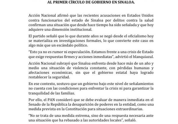 El PAN subrayó que Sinaloa enfrenta desde hace más de un año y medio una situación de violencia constante, sin que el gobierno estatal haya logrado restablecer la seguridad.