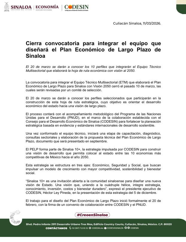 $!Cierra convocatoria para integrar equipo que diseñará el Plan Económico de Sinaloa rumbo a 2050: Codesin