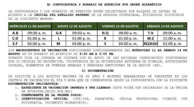 A partir de este miércoles aplicarán segunda dosis contra el Covid a adultos de 40 años en adelante en Culiacán; y primeras dosis a los mayores de 18 años