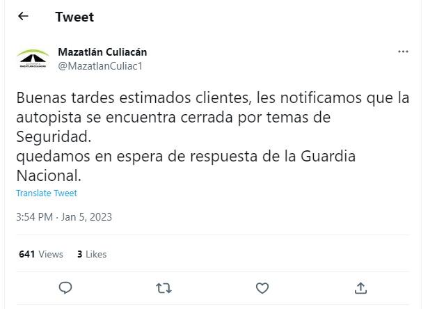Por motivos de seguridad, cierran la Autopista Mazatlán-Culiacán