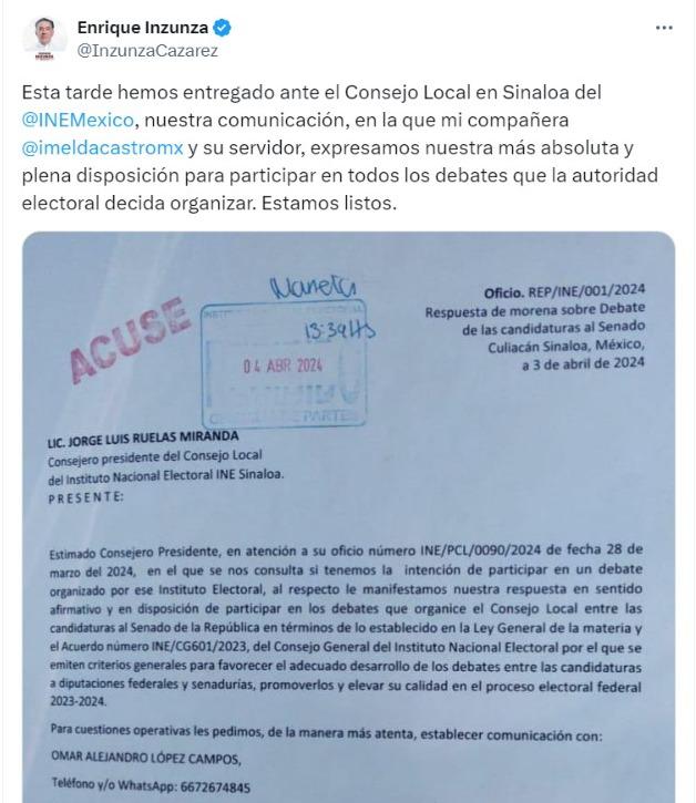$!Participarán Imelda Castro y Enrique Inzunza en debate del INE de los candidatos al Senado por Sinaloa