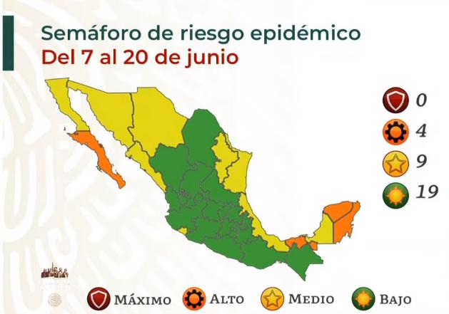 Registran 19 estados color verde en semáforo por Covid-19; 4 entidades aumentan su riesgo