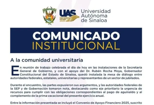 De acuerdo con el comunicado institucional emitido por la UAS, el encuentro se realizó en la Secretaría General de Gobierno y contó con el acompañamiento del Gobernador Rubén Rocha Moya.