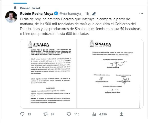 Gobierno del Estado inicia este lunes proceso de compra de 500 mil toneladas de maíz