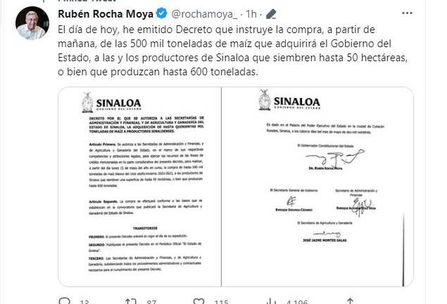En su cuenta de Twitter, Rubén Rocha Moya publicó el decreto que autoriza la compra de hasta 500 mil toneladas de maíz a productores sinaloenses.
