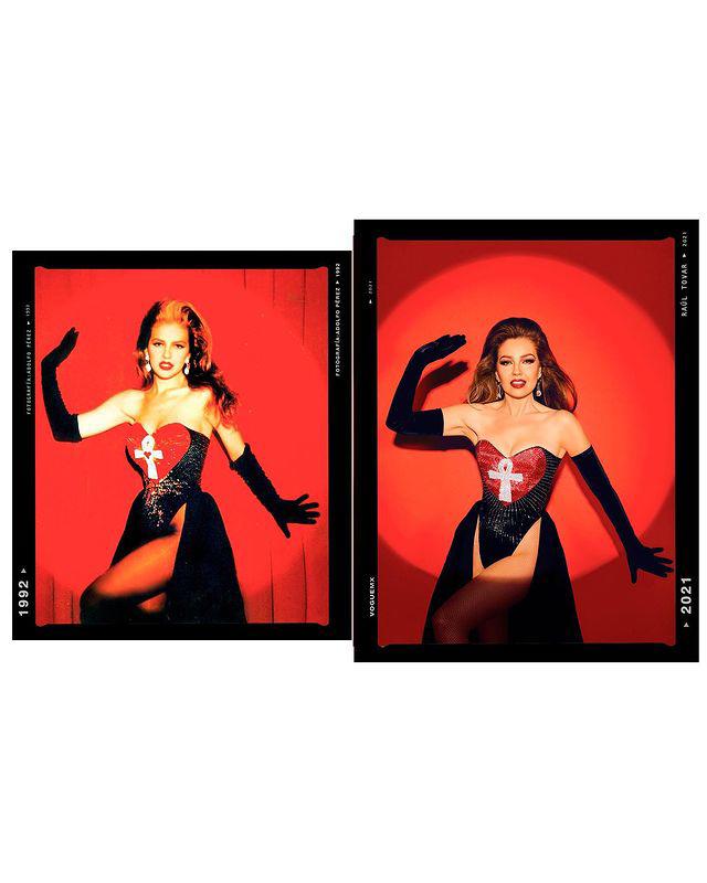 $!Thalía recrea looks icónicos de los noventa en 2021 para Vogue