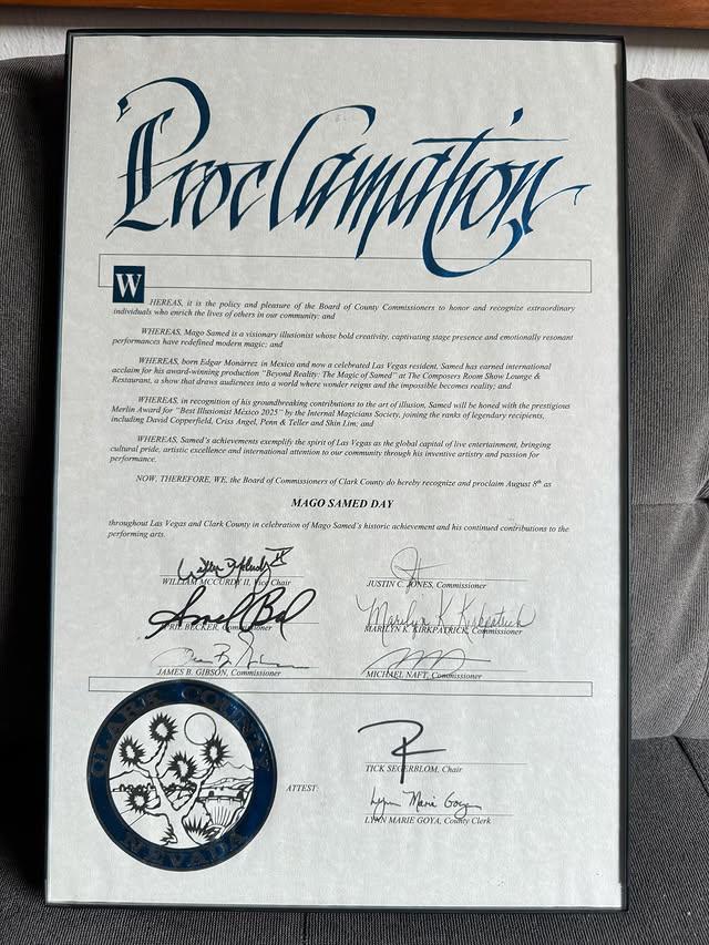$!El documento que proclama el Mago Samed Day en Las Vegas.
