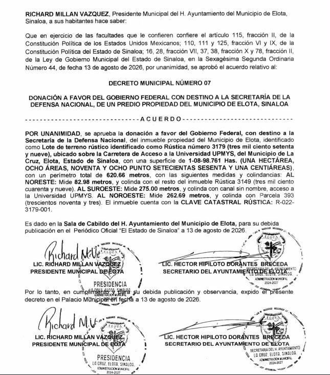 $!Dona Elota terreno a la Sedena sobre acceso a universidad