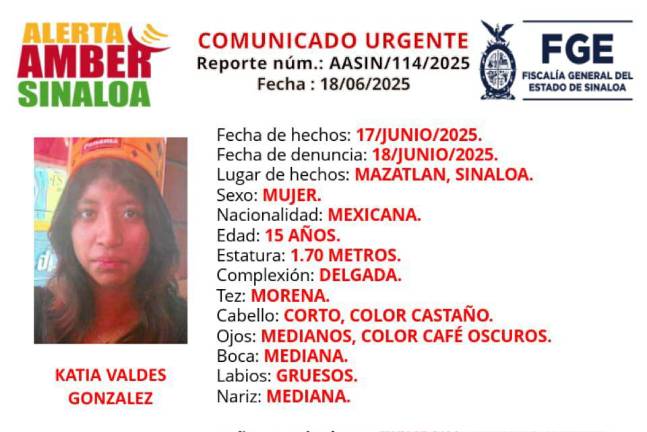 Katia “N” fue reportada como desaparecida desde el pasado 17 de junio en la colonia Tellerías, en Mazatlán.