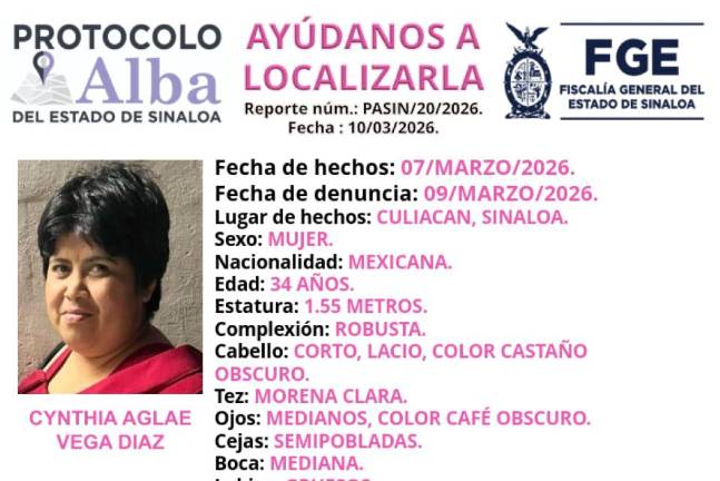 Cynthia Aglae Vega Díaz, de 34 años de edad, fue reportada como desaparecida en la ciudad de Culiacán.
