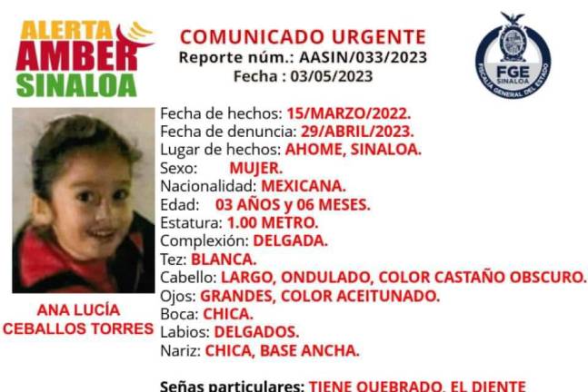 Ana Lucía Ceballos podría encontrarse en Ahome, de ahí que la Fiscalía General de Sinaloa emita una Alerta Amber tras denuncia presentada el 29 de abril.
