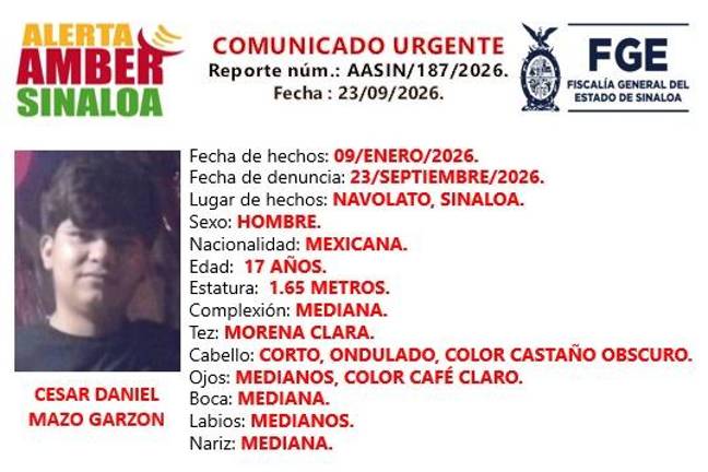 Alerta Amber Sinaloa solicita apoyo para localizar a César Daniel Mazo Garzón, de 17 años, desaparecido en Navolato.