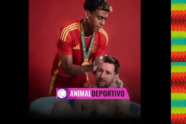 En redes parodean la icónica foto de Yamal y Messi.