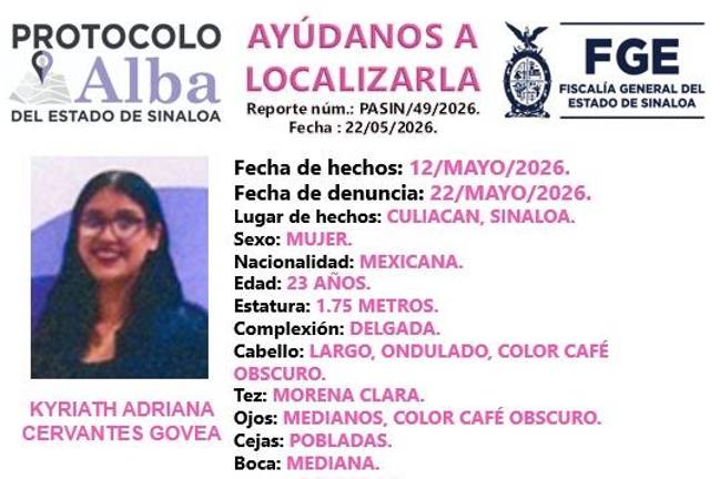 La Fiscalía estatal activó una ficha de búsqueda para localizar a Kyriath Adriana, desaparecida desde el 12 de mayo.
