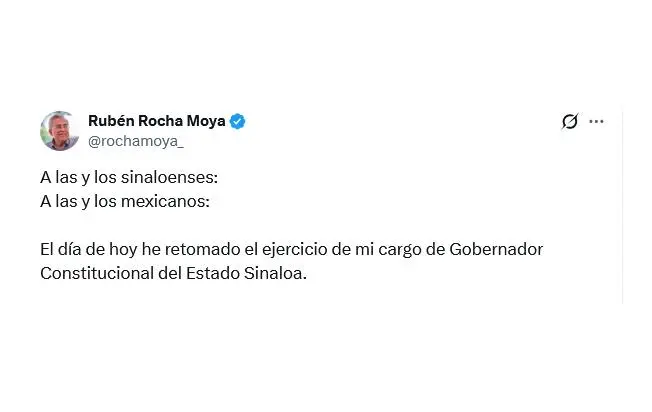Mensaje de Rubén Rocha Moya al anunciar que retoma el cargo como Gobernador de Sinaloa.