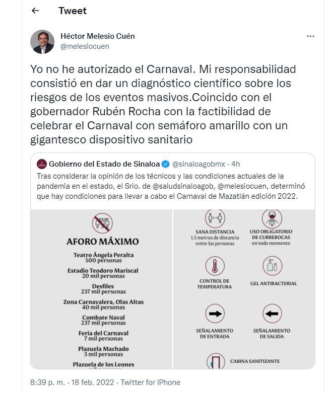 $!Yo no he autorizado el Carnaval de Mazatlán: Cuén Ojeda