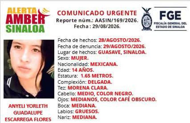 Anyeli Yorleth Guadalupe Escarrega Flores fue vista por última vez el 28 de agosto en la colonia Ejidal, en Guasave.