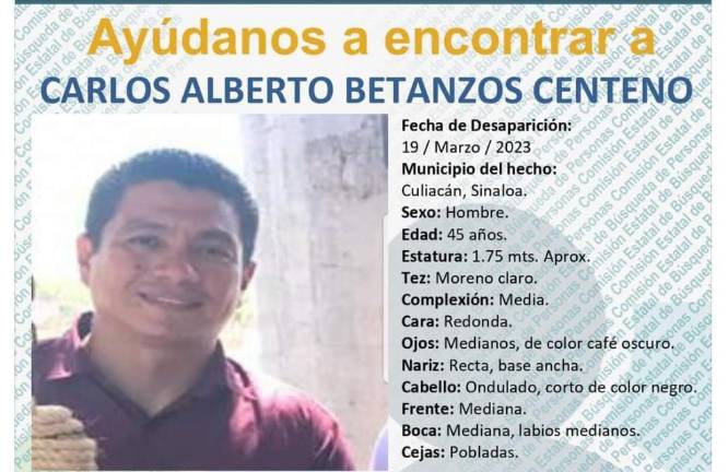 Ficha emitida por la Comisión Estatal de Búsqueda de Personas de Sinaloa a raíz del reporte de la desaparición de Carlos Alberto.