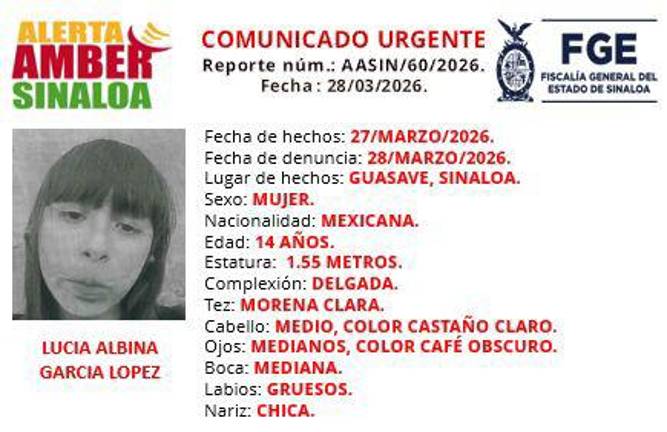 La Fiscalía de Sinaloa activó una Alerta Amber para localizar a una menor desaparecida en Guasave.