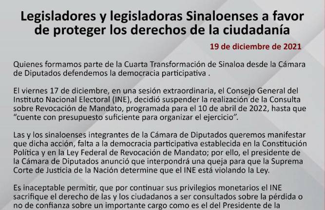 Mediante un comunicado, legisladores de Sinaloa aseguran que se defenderán la democracia participativa.