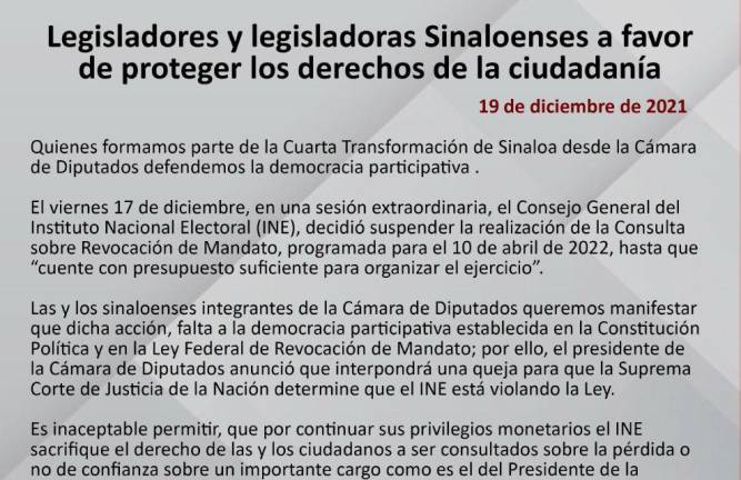 Mediante un comunicado, legisladores de Sinaloa aseguran que se defenderán la democracia participativa.