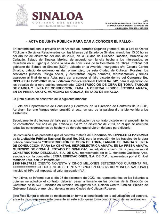 $!Autoriza Gobierno obras por $567 millones en Presa Reguladora Amata, en Cosalá