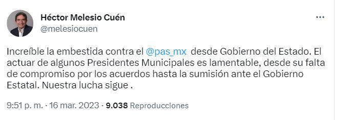 En su cuenta de Twitter, Héctor Melesio Cuén Ojeda lamenta el actuar de algunos Presidentes municipales, que han dejado al PAS.