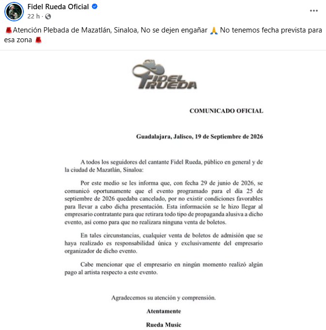 $!Rueda Music informó que el evento fue cancelado desde el pasado 29 de junio.