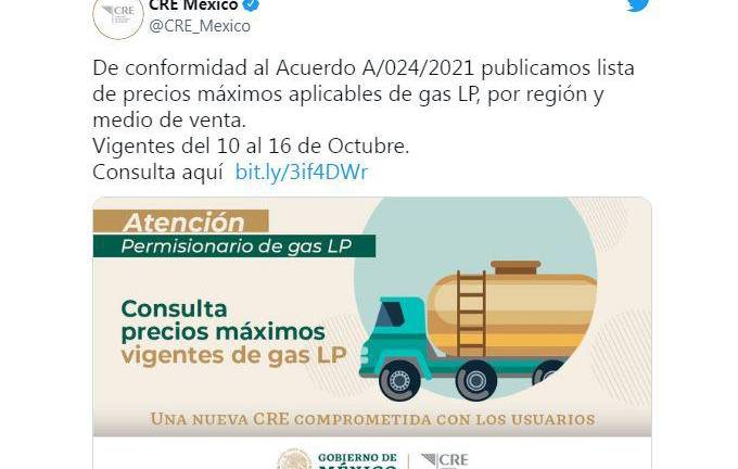 El precio del gas LP sigue en aumento. CRE comparte lista del 10 al 16 de octubre