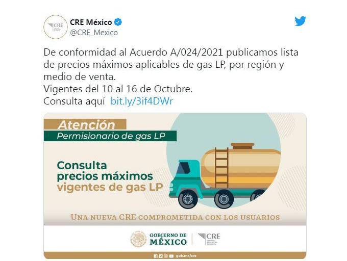 El precio del gas LP sigue en aumento. CRE comparte lista del 10 al 16 de octubre
