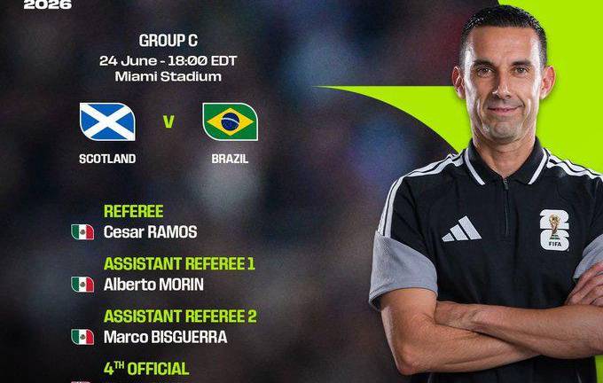 Sinaloense César Ramos hará historia en el Mundial 2026; dirigirá el Escocia vs Brasil y romperá récord mexicano