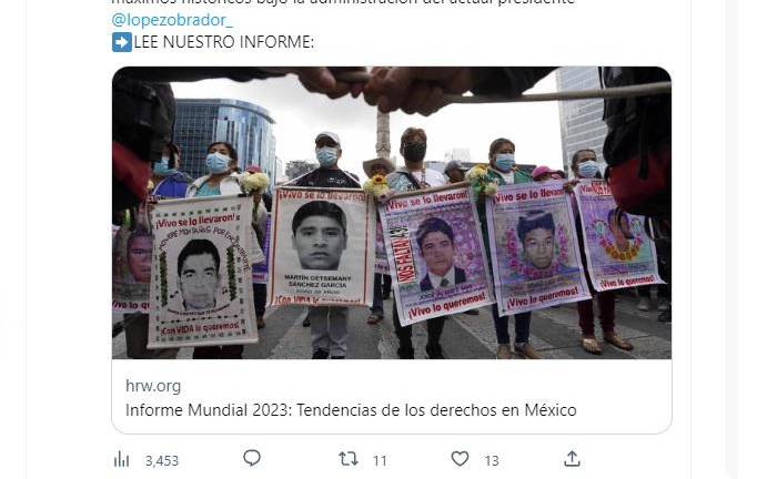 La organización Human Right Watch publicó en su cuenta de Twitter un informe detallado de los hechos en México.