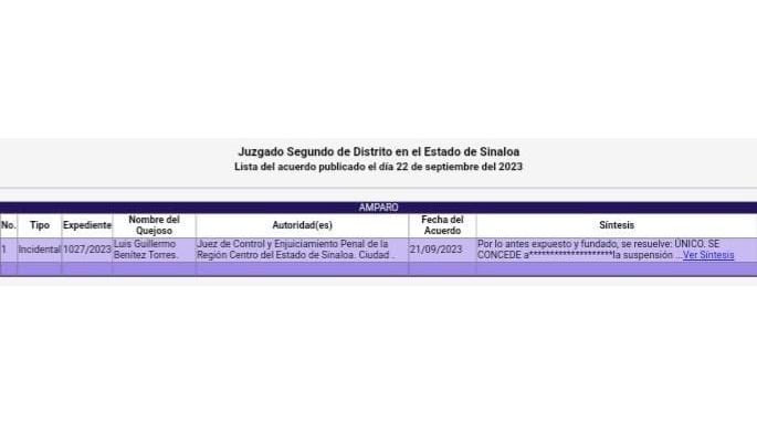 Resolución de un juez sobre el amparo promovido por el ex Alcalde de Mazatlán Luis Guillermo Benítez Torres, “El Químico”.