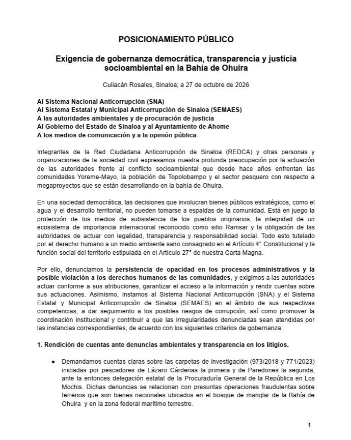 $!Exigen organismos civiles transparencia y justicia ambiental en la Bahía de Ohuira