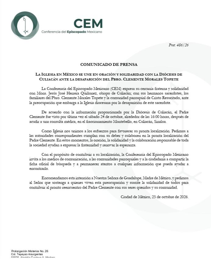 $!Iglesia en México pide colaborar en la búsqueda del sacerdote Clemente Morales Topete