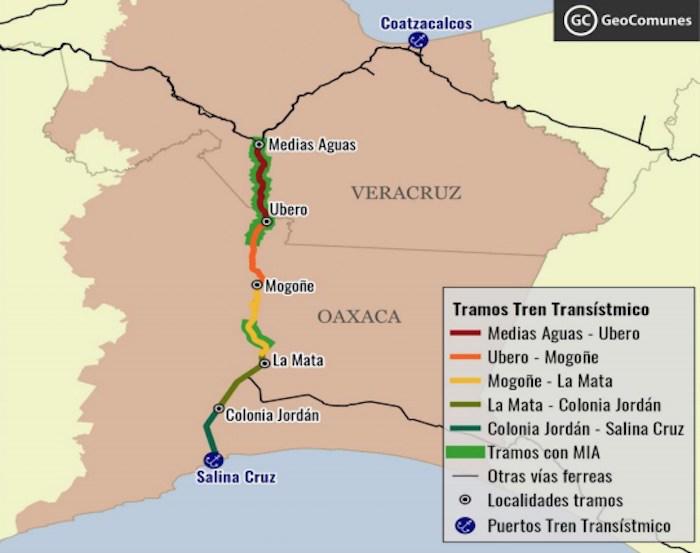 $!Tramos del ferrocarril del Istmo de Tehuantepec. Mapa: Geocomunes.