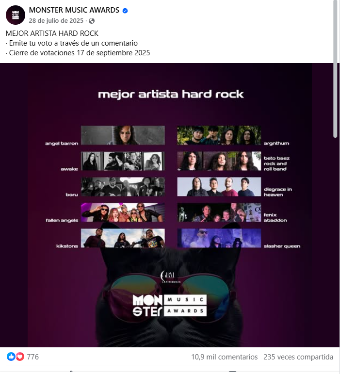 $!Barrón fue nombrado como candidato en la categoría de Mejor Artista de Hard Rock en los Premios Monster Music Awards, que este jueves 15 de enero se entregan.