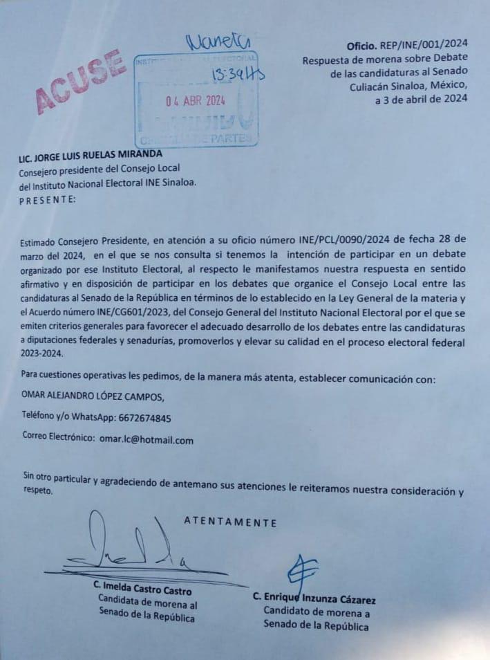 $!Participarán Imelda Castro y Enrique Inzunza en debate del INE de los candidatos al Senado por Sinaloa