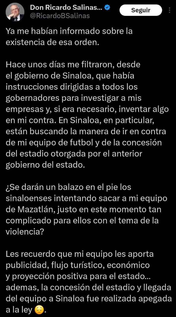 $!Salinas Pliego acusa persecución gubernamental en Sinaloa; el Gobernador se deslinda