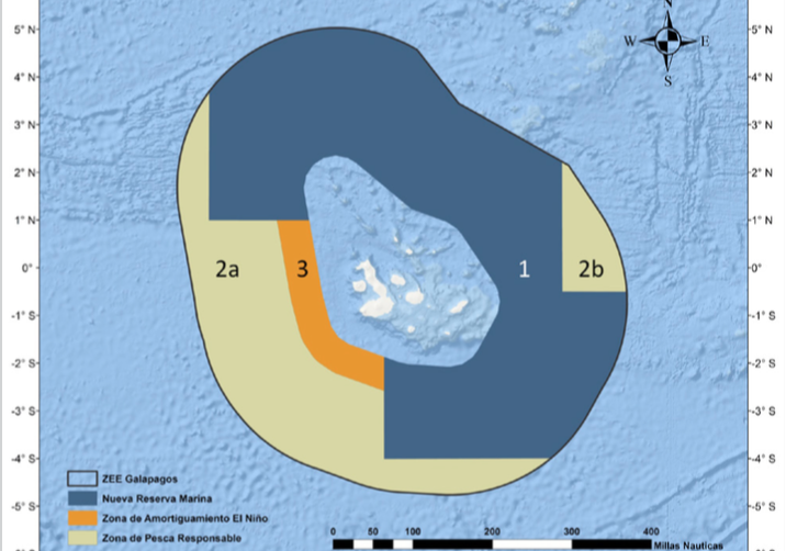 $!Propuesta de manejo integral de toda la ZEE insular de Ecuador. Se contempla la creación de un área de reserva marina (Zona 1, en azul), donde no se permiten actividades extractivas, y dos zonas de pesca responsable (Zona 2, en verde oliva), en donde se permite la pesca bajo una serie de condiciones que aseguren la sostenibilidad de la actividad. En la Zona 2b no se permitiría el uso de DAPs. La Zona 3 (en anaranjando) se manejaría bajo los mismos lineamientos que la zona 2a, excepto durante eventos del Niño, en los cuales no se permitiría actividad extractiva.