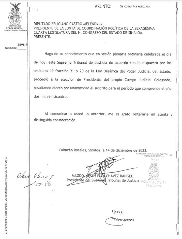 $!Jesús Iván Chávez continuará como Presidente del Supremo Tribunal de Justicia en Sinaloa para 2024