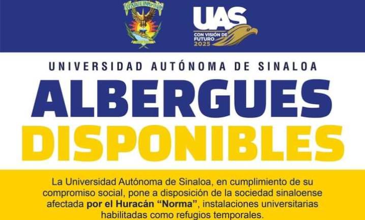 La UAS ofrece a la población de Sinaloa refugio temporal ante la cercanía del huracán Norma.